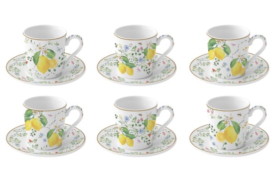 Set 6 cesti cu farfurioare, portelan, 100ml, "Fleurs et Citrons" - Nuova R2S