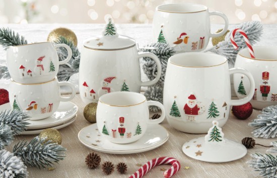 Cana cu capac si infuzor metalic, portelan, model embosat, 450ml, "Let it Snow" - Nuova R2S
