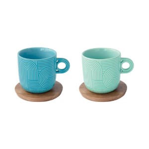 Set 2 cani portelan, 250ml, cu farfurie acacia, "Take a Loop", Albastru/Verde - Nuova R2S