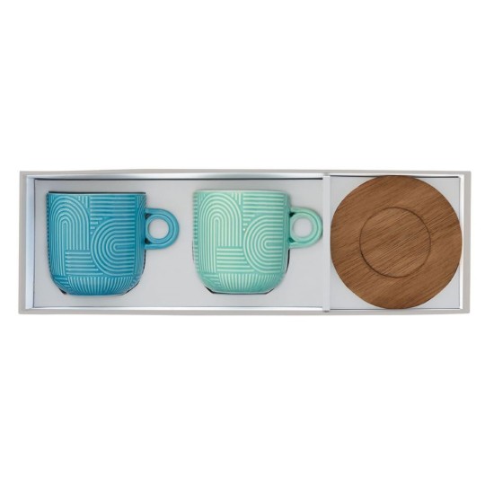 Set 2 cani portelan, 250ml, cu farfurie acacia, "Take a Loop", Albastru/Verde - Nuova R2S