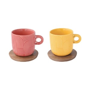 Set 2 cani portelan, 250ml, cu farfurie acacia, "Take a Loop", Rosu/Portocaliu - Nuova R2S