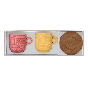 Set 2 cani portelan, 250ml, cu farfurie acacia, "Take a Loop", Rosu/Portocaliu - Nuova R2S