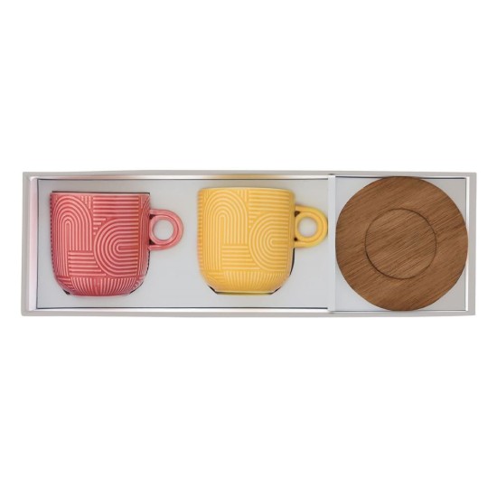 Set 2 cani portelan, 250ml, cu farfurie acacia, "Take a Loop", Rosu/Portocaliu - Nuova R2S