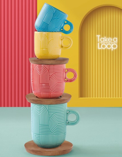 Set 2 cani portelan, 250ml, cu farfurie acacia, "Take a Loop", Rosu/Portocaliu - Nuova R2S