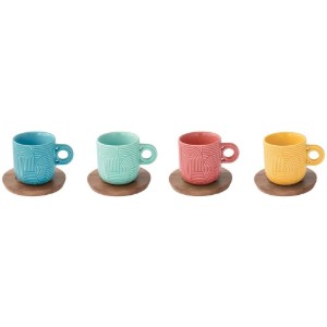 Set 4 cesti cafea, portelan, 110ml, cu farfurie acacia, "Take a Loop" - Nuova R2S