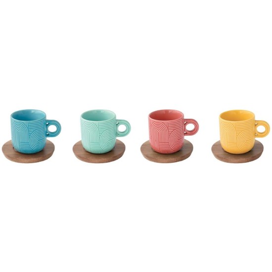 Set 4 cesti cafea, portelan, 110ml, cu farfurie acacia, "Take a Loop" - Nuova R2S