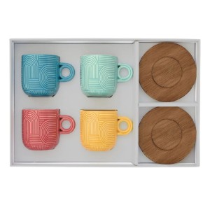 Set 4 cesti cafea, portelan, 110ml, cu farfurie acacia, "Take a Loop" - Nuova R2S