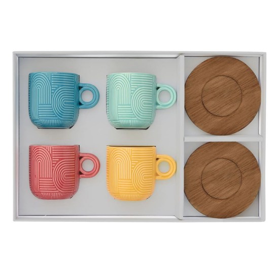 Set 4 cesti cafea, portelan, 110ml, cu farfurie acacia, "Take a Loop" - Nuova R2S