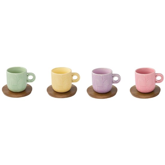 Set 4 cesti cafea, portelan, 110ml, cu farfurie acacia, "Take a Loop" - Nuova R2S