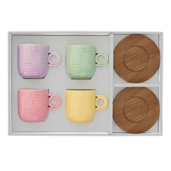 Set 4 cesti cafea, portelan, 110ml, cu farfurie acacia, "Take a Loop" - Nuova R2S