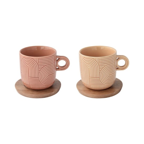 Set 2 cani portelan, 250ml, cu farfurie acacia, "Take a Loop", Maro - Nuova R2S
