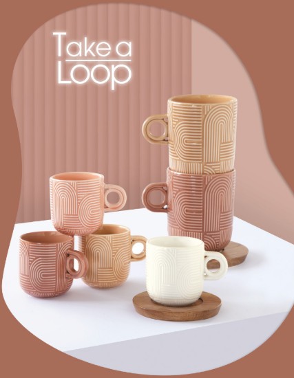 Set 2 cani portelan, 250ml, cu farfurie acacia, "Take a Loop", Maro - Nuova R2S