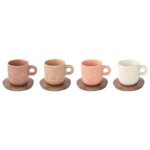 Set 4 cesti cafea, portelan, 110ml, cu farfurie acacia, "Take a Loop" - Nuova R2S