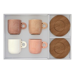 Set 4 cesti cafea, portelan, 110ml, cu farfurie acacia, "Take a Loop" - Nuova R2S