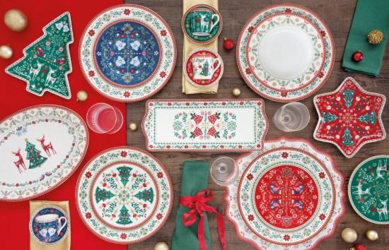 Set 3 piese servire ceai, portelan, "Christmas Folk" - Nuova R2S