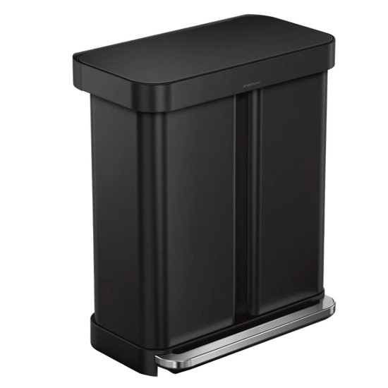 Cos de gunoi cu pedala, dublu compartimentat, 58 L, inox, Matte Black - simplehuman