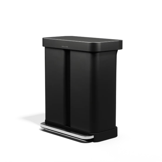 Cos de gunoi cu pedala, dublu compartimentat, 58 L, inox, Matte Black - simplehuman