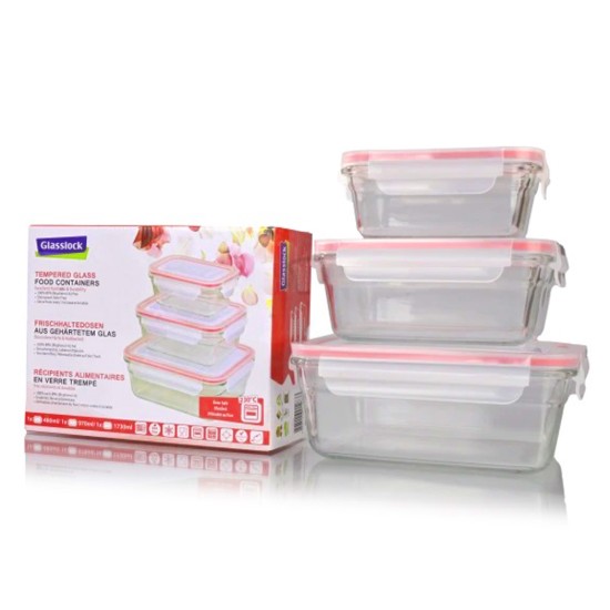 Set 3 caserole, sticla, Rosu - Glasslock