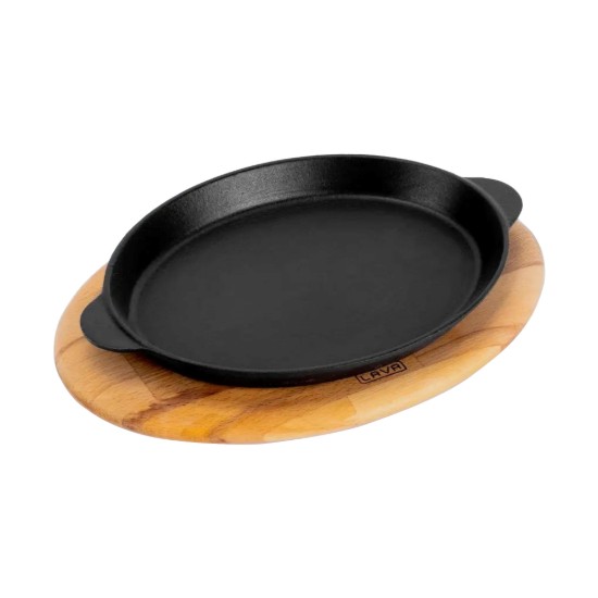 Tava ovala pentru fajita, fonta, 24 x 18 cm, cu suport din lemn - LAVA