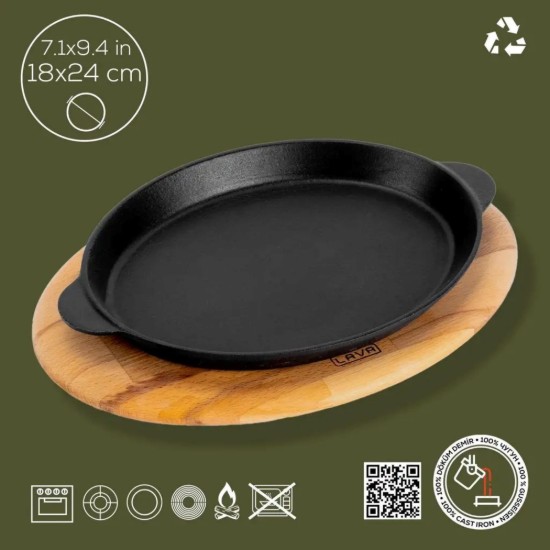 Tava ovala pentru Fajita, fonta, 24 x 18 cm, cu suport lemn - LAVA