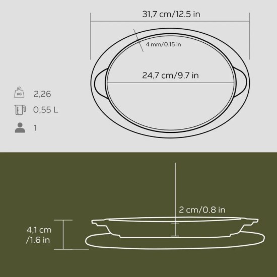 Tava ovala pentru fajita, fonta, 24 x 18 cm, cu suport din lemn - LAVA