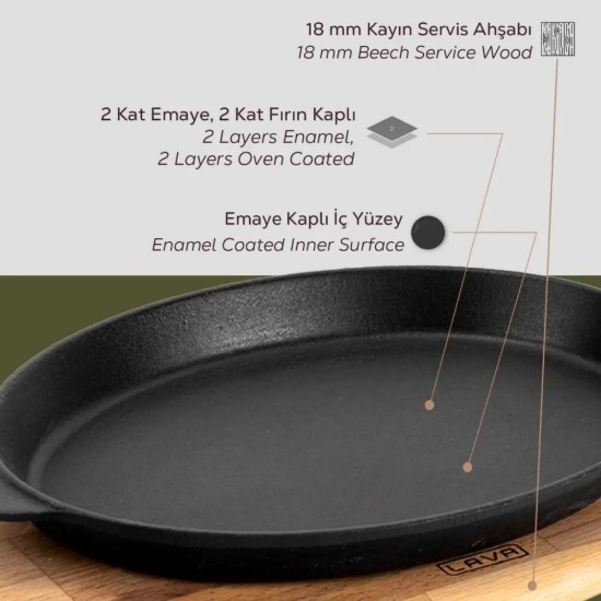 Tava ovala pentru fajita, fonta, 24 x 18 cm, cu suport din lemn - LAVA
