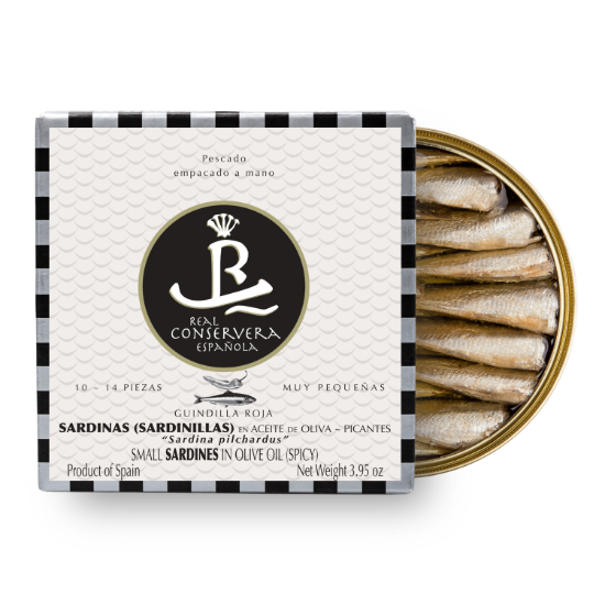 Baby sardine în ulei de măsline (picante) 10/14, 112 g - Real Conservera, Spania