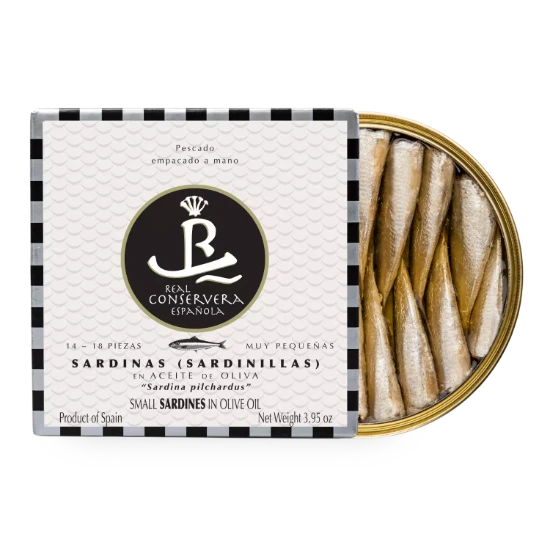 Baby sardine în ulei de măsline 14/18, 112 g - Real Conservera, Spania