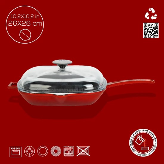 Tigaie grill, fonta, cu capac, 26x26 cm "Glaze", Rosu - LAVA