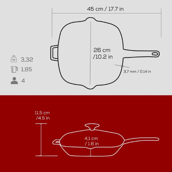 Tigaie grill, fonta, cu capac, 26x26 cm "Glaze", Rosu - LAVA