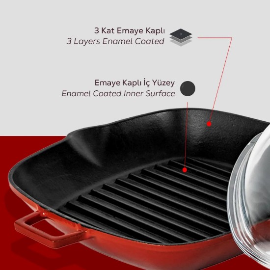 Tigaie grill, fonta, cu capac, 26x26 cm "Glaze", Rosu - LAVA