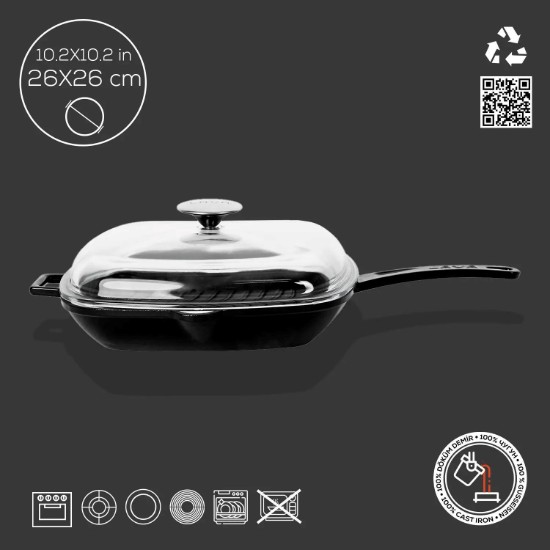 Tigaie grill, fonta, cu capac, 26x26 cm, "Glaze", Negru - LAVA