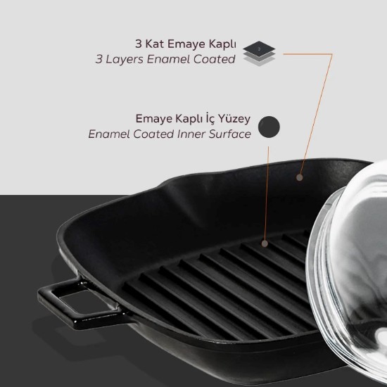 Tigaie grill, fonta, cu capac, 26x26 cm, "Glaze", Negru - LAVA