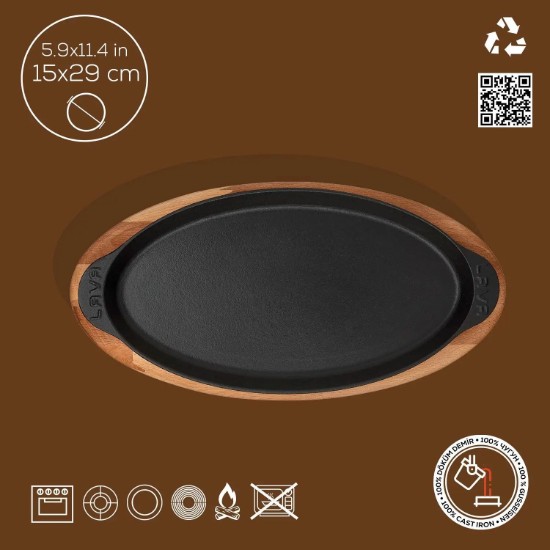 Tava pentru peste, fonta, 29 x 15 cm, cu suport lemn - LAVA