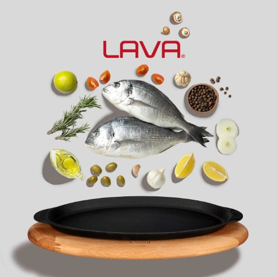 Tava pentru peste, fonta, 15 x 29 cm, cu suport lemn - LAVA