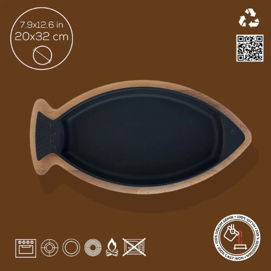 Tava pentru peste, fonta, 32 x 20 cm, cu suport lemn - LAVA