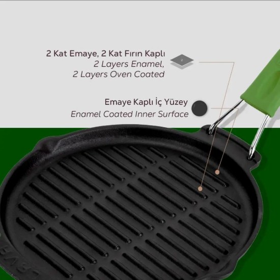 Tigaie grill rotunda, fonta, 23cm, maner Verde - LAVA