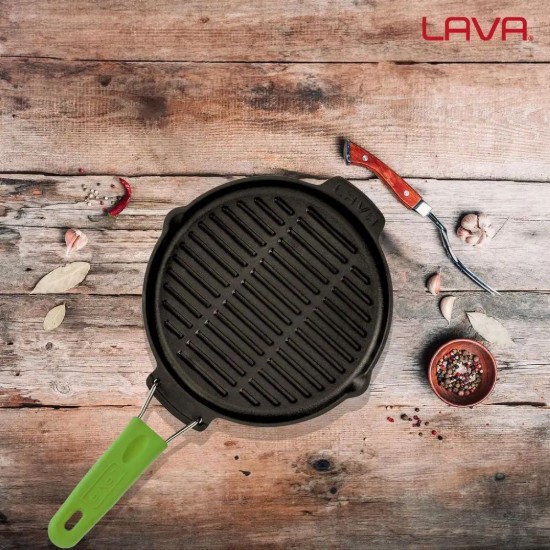 Tigaie grill rotunda, fonta, 23cm, maner Verde - LAVA