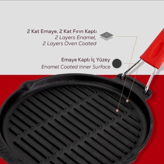 Tigaie grill, fonta, rotunda, 23 cm, maner Rosu - LAVA