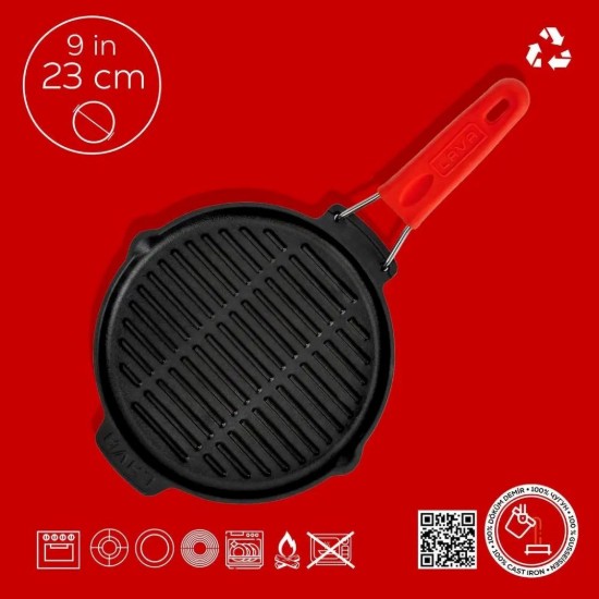 Tigaie grill rotunda, fonta, 23cm, maner Rosu - LAVA