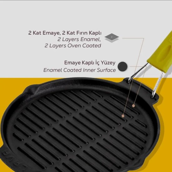 Tigaie grill rotunda, fonta, 23cm, maner Galben - LAVA