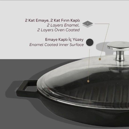 Tigaie grill, fonta, cu capac, 30cm - LAVA