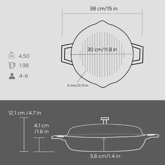 Tigaie grill, fonta, cu capac, 30cm - LAVA