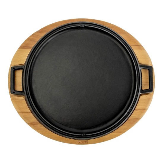 Grill rotund fonta, reversibil, 34 cm, cu suport din lemn - LAVA