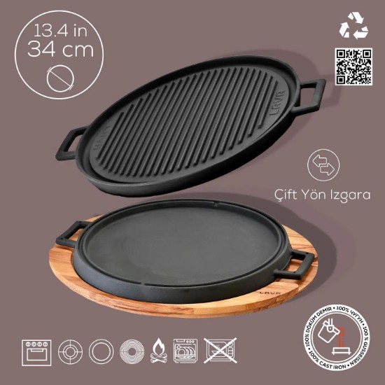 Grill rotund fonta, reversibil, 34 cm, cu suport din lemn - LAVA