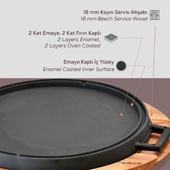 Grill rotund fonta, reversibil, 34 cm, cu suport din lemn - LAVA
