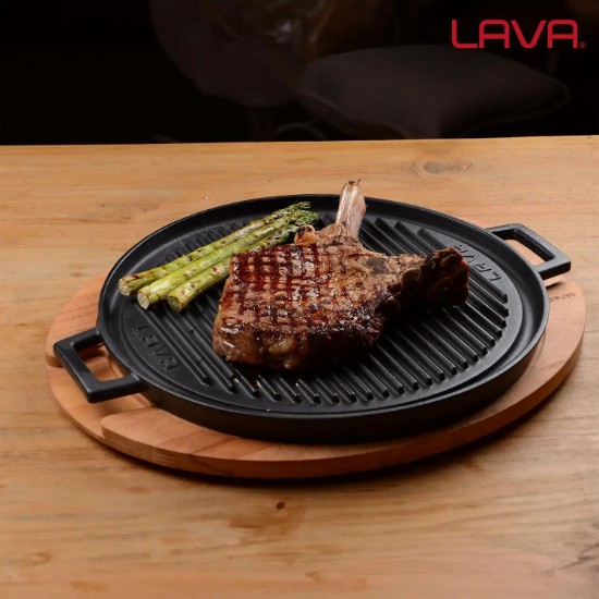 Grill rotund fonta, reversibil, 34 cm, cu suport din lemn - LAVA