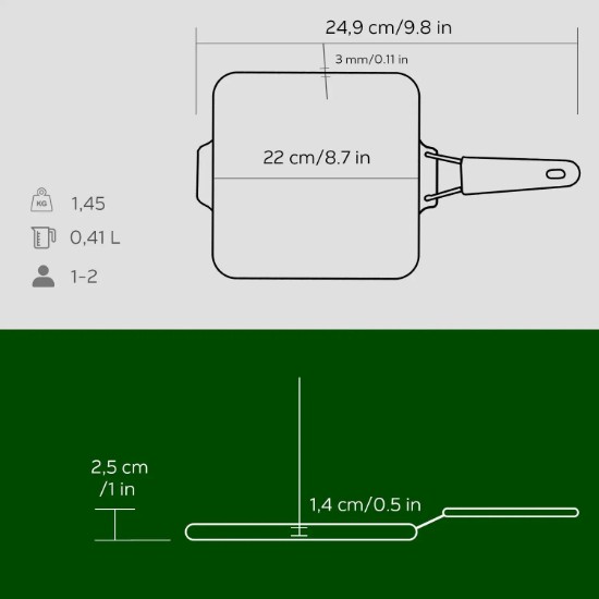 Tigaie grill, fonta, 21x21 cm, maner Verde - LAVA