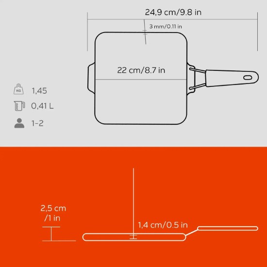Tigaie grill, fonta, 21x21 cm, maner Portocaliu - LAVA