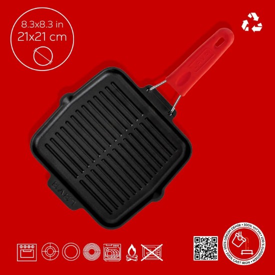 Tigaie grill, fonta, 21 x 21 cm, maner Rosu  - LAVA